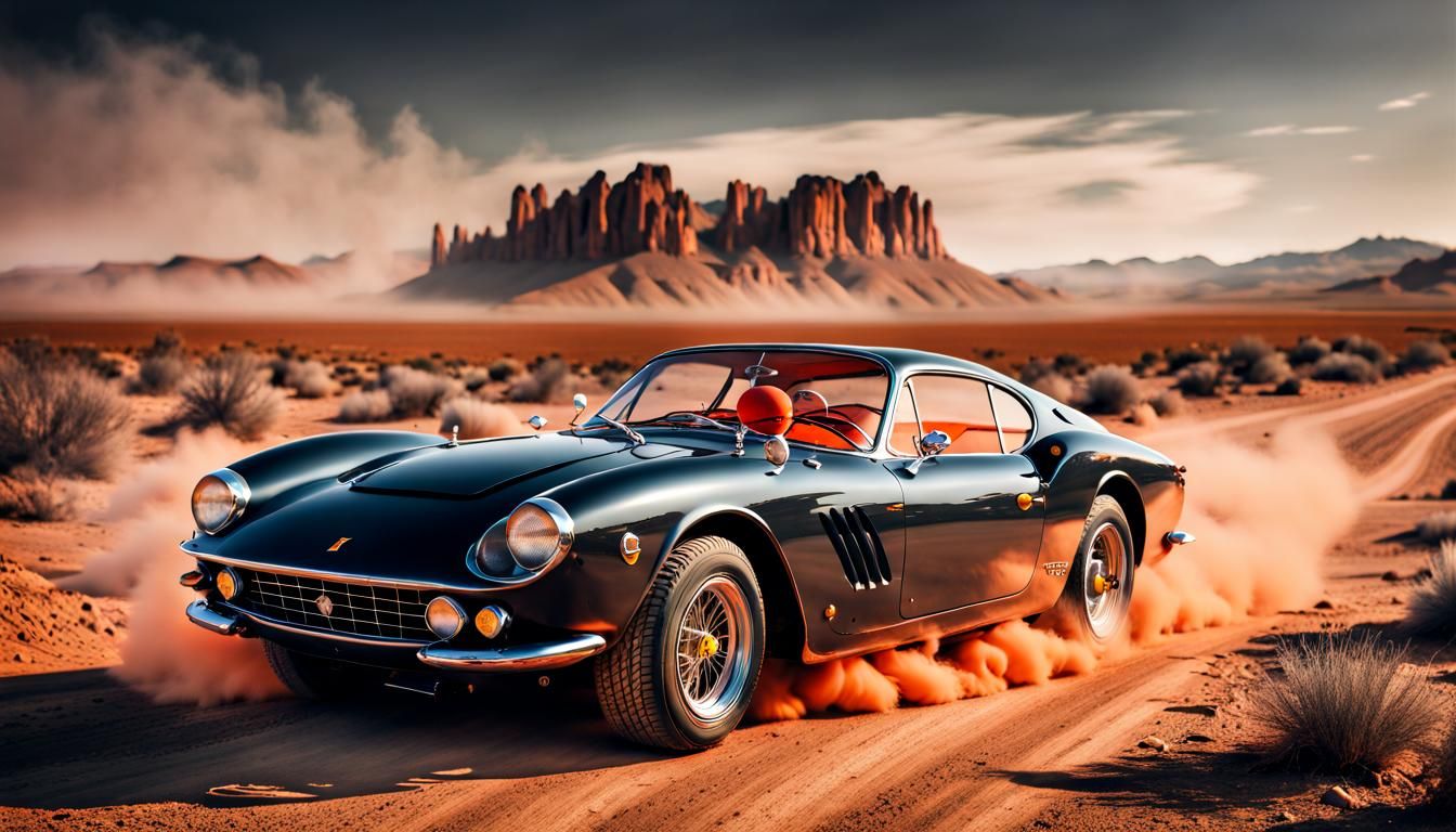 Vintage Ferrari Burning Wheels on Desert Road