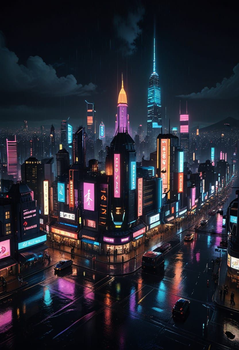 Cyberpunk Metropolis at Night with Neon Skyscrapers and Flyi...
