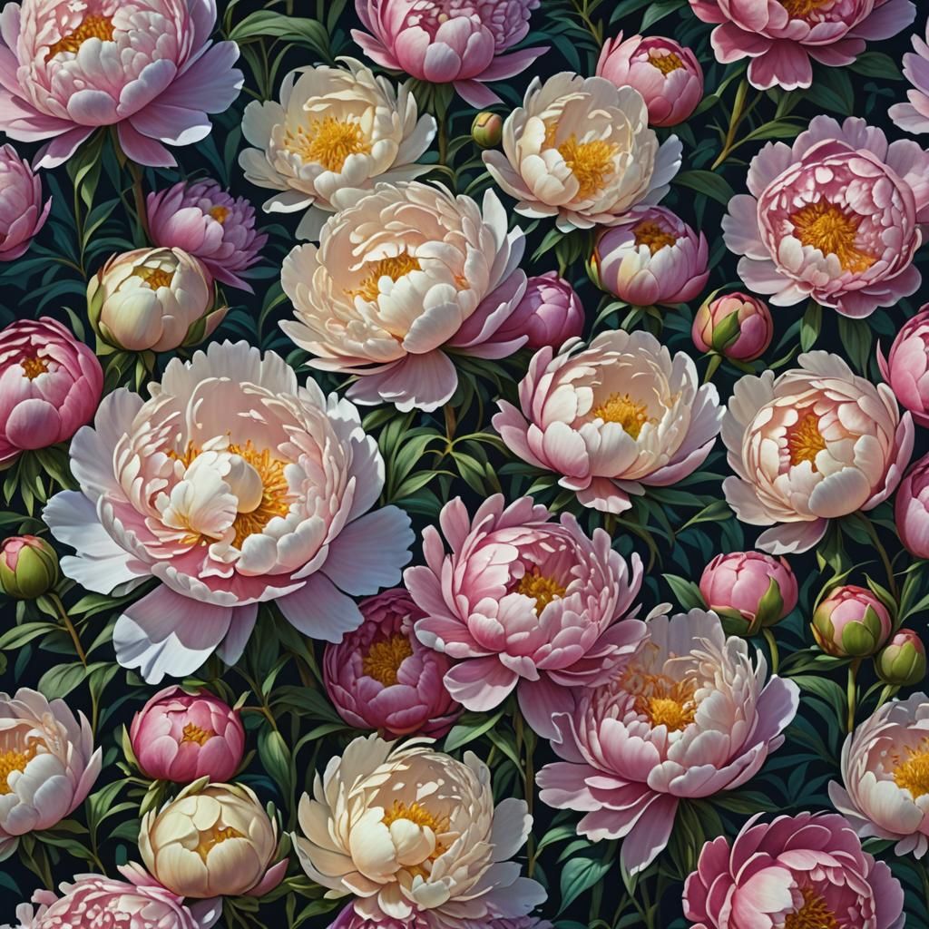 Hyperdetailed Peonies in Moonlight, Gouache Style