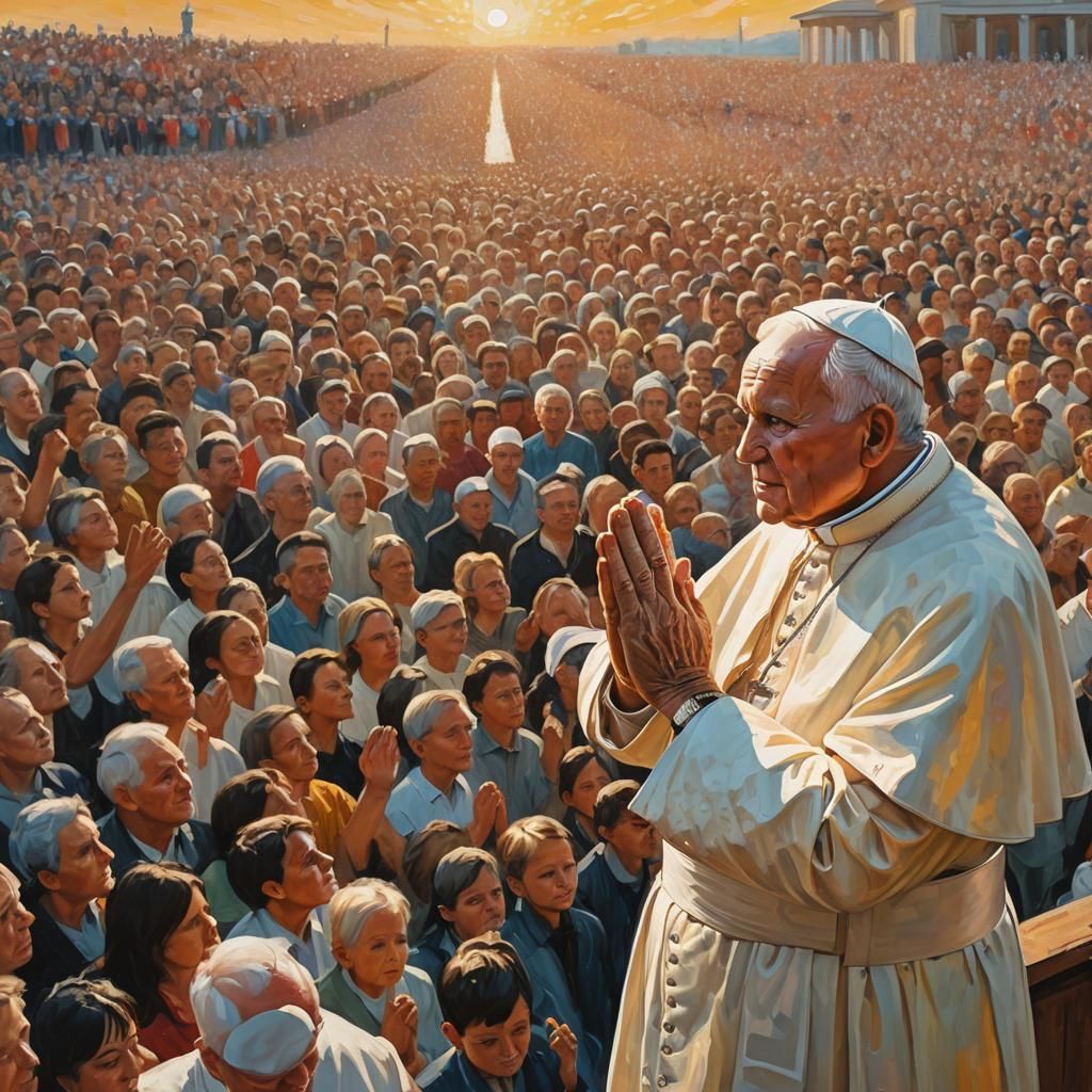 Pope John Paul II Praying, Gouache Impressionist Style