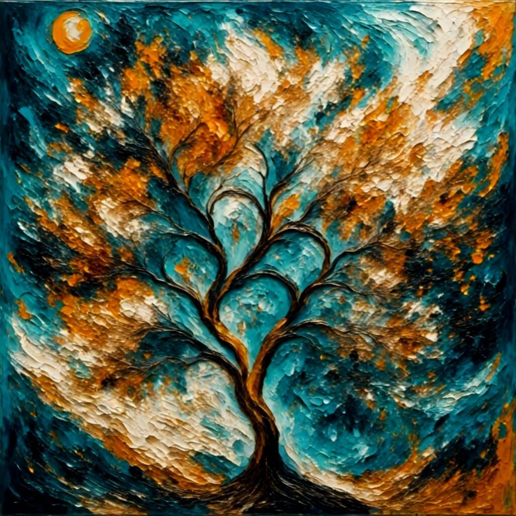 Twisted Tree Under Starry Night Sky: Impasto Painting