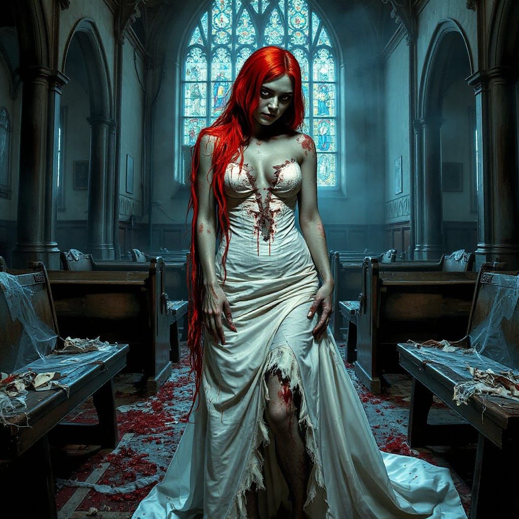 Zombie Bride in Dilapidated Church: Horror Aesthetic