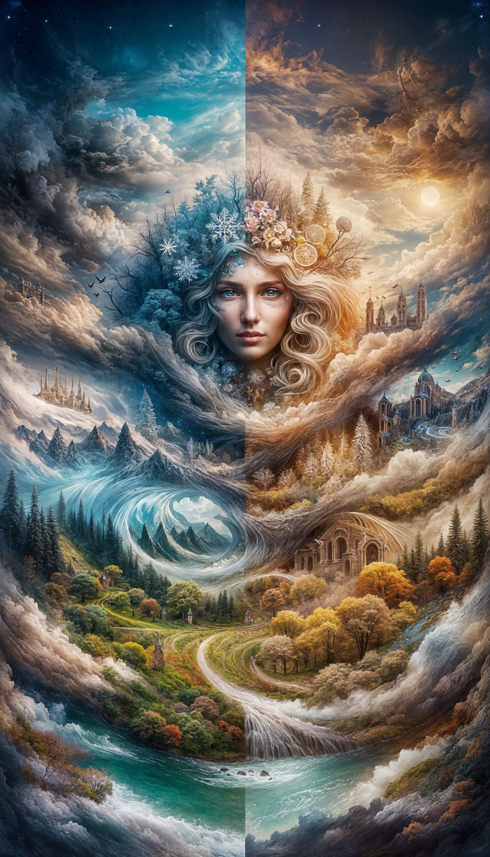 Surreal Seasons Landscape with Timeless Maiden