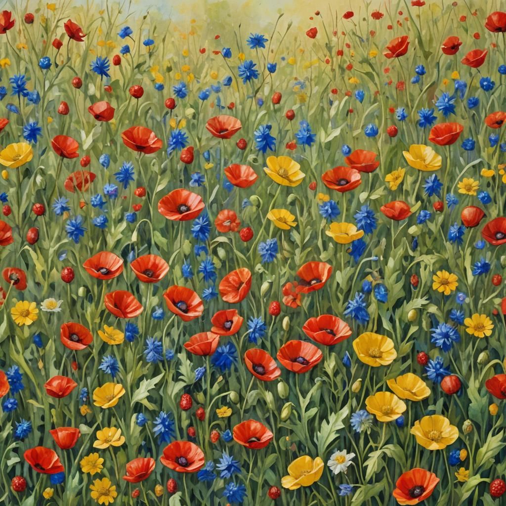 Poppy and Cornflower Field in Gouache Watercolor