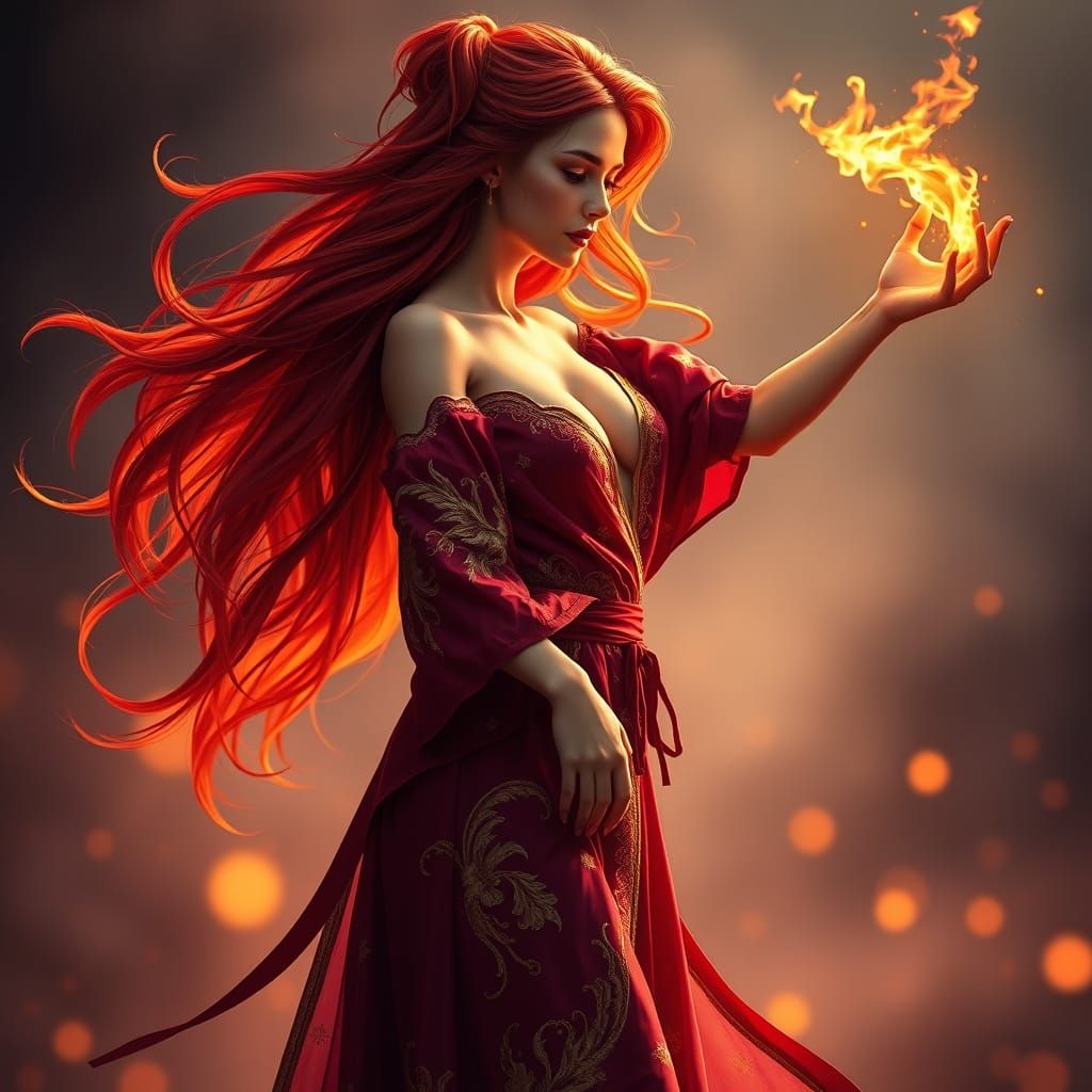 Sensual Woman in Crimson Robe Conjured Flames in Art Nouveau...