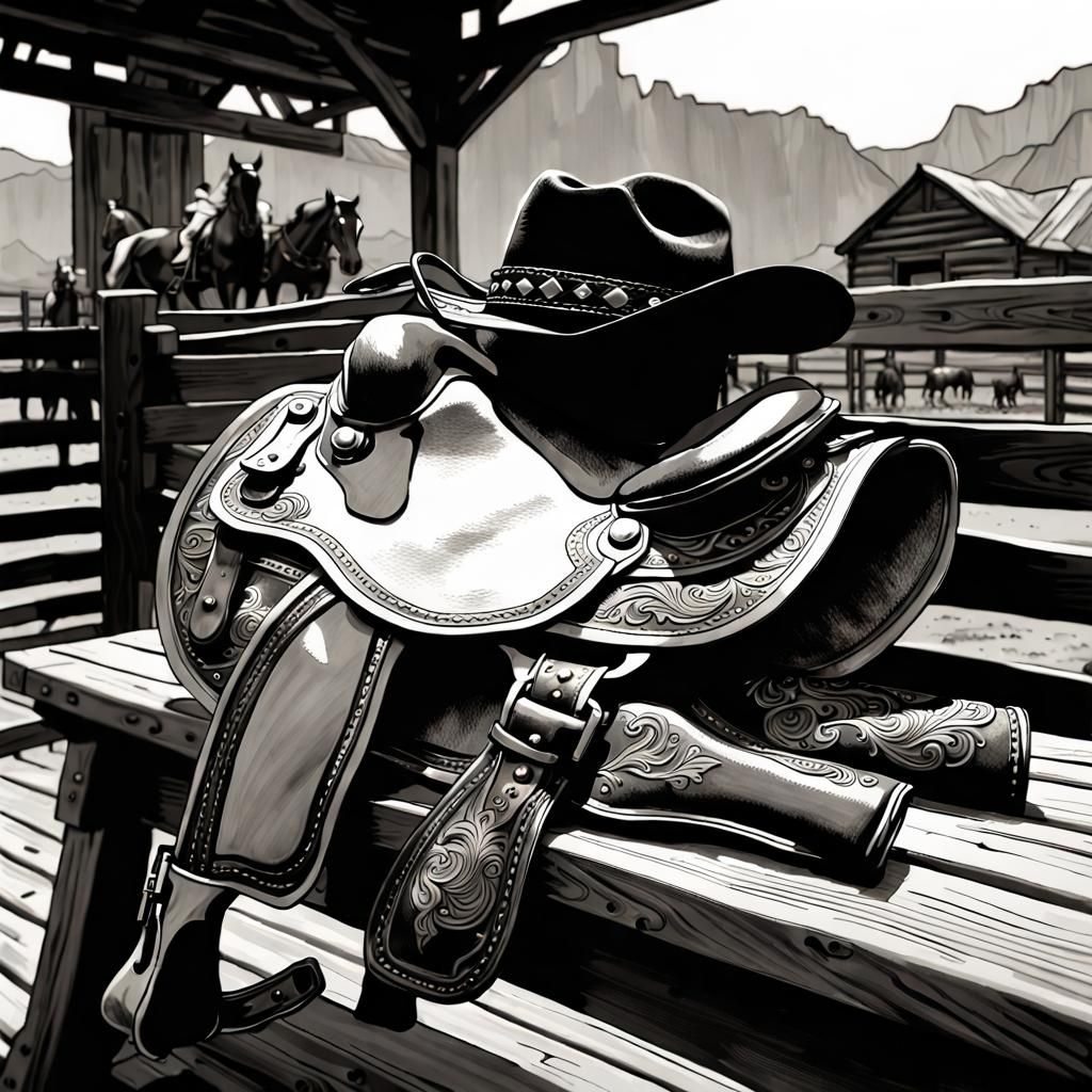 Decorated Saddle with Cowboy Hat in Watercolor Style