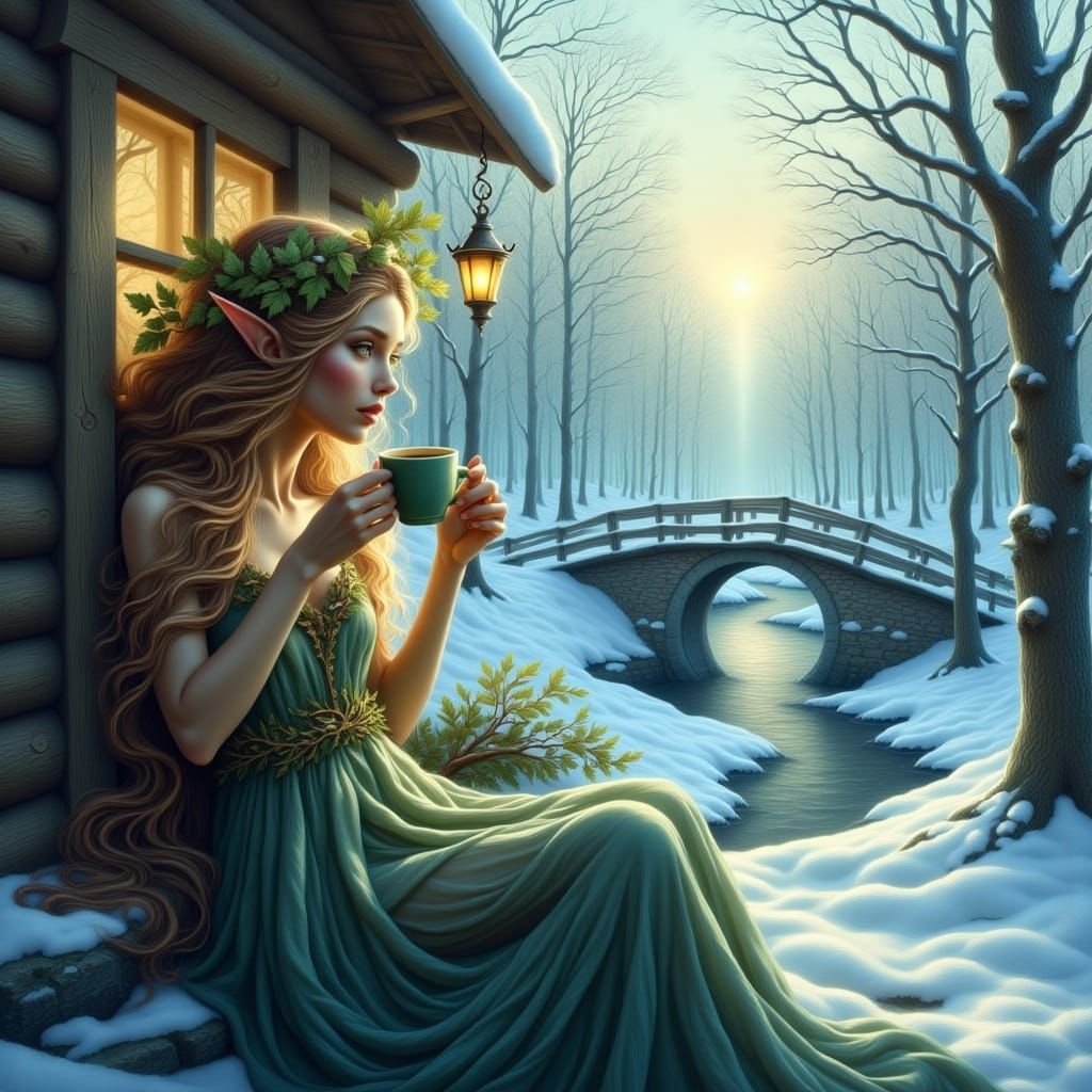 Serene Elf Woman with Coffee in Surreal Winter Landscape