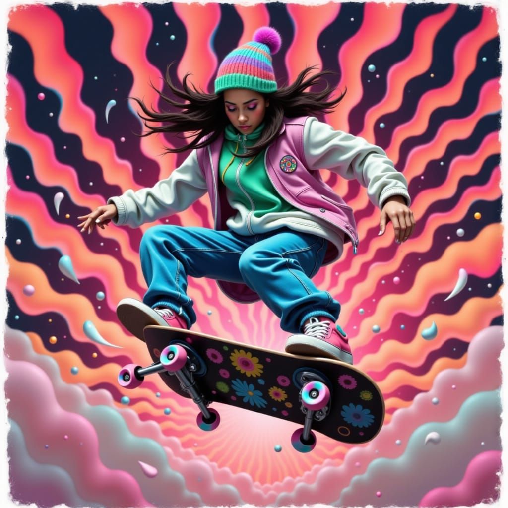 Skater in Mid-Air with Neon Checkered Background