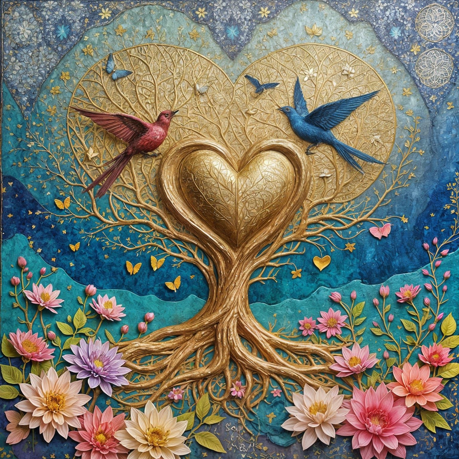 Romantic Floral Fantasy with Golden Hearts