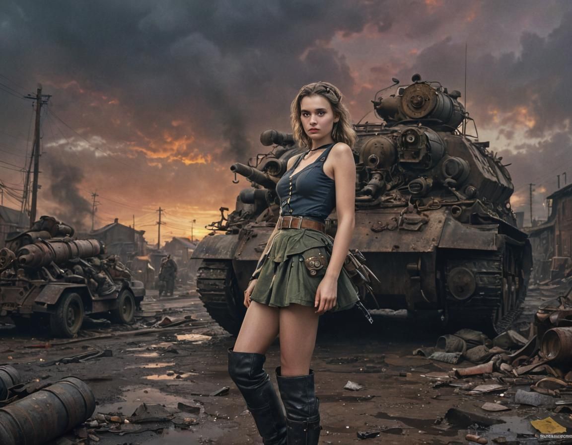 Dieselpunk Soldier and Panzer Tank at Sunset