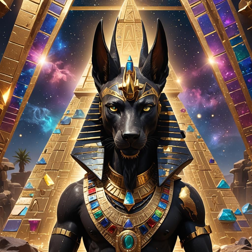 Anubis with Golden Jewelry and Crystal Pyramid