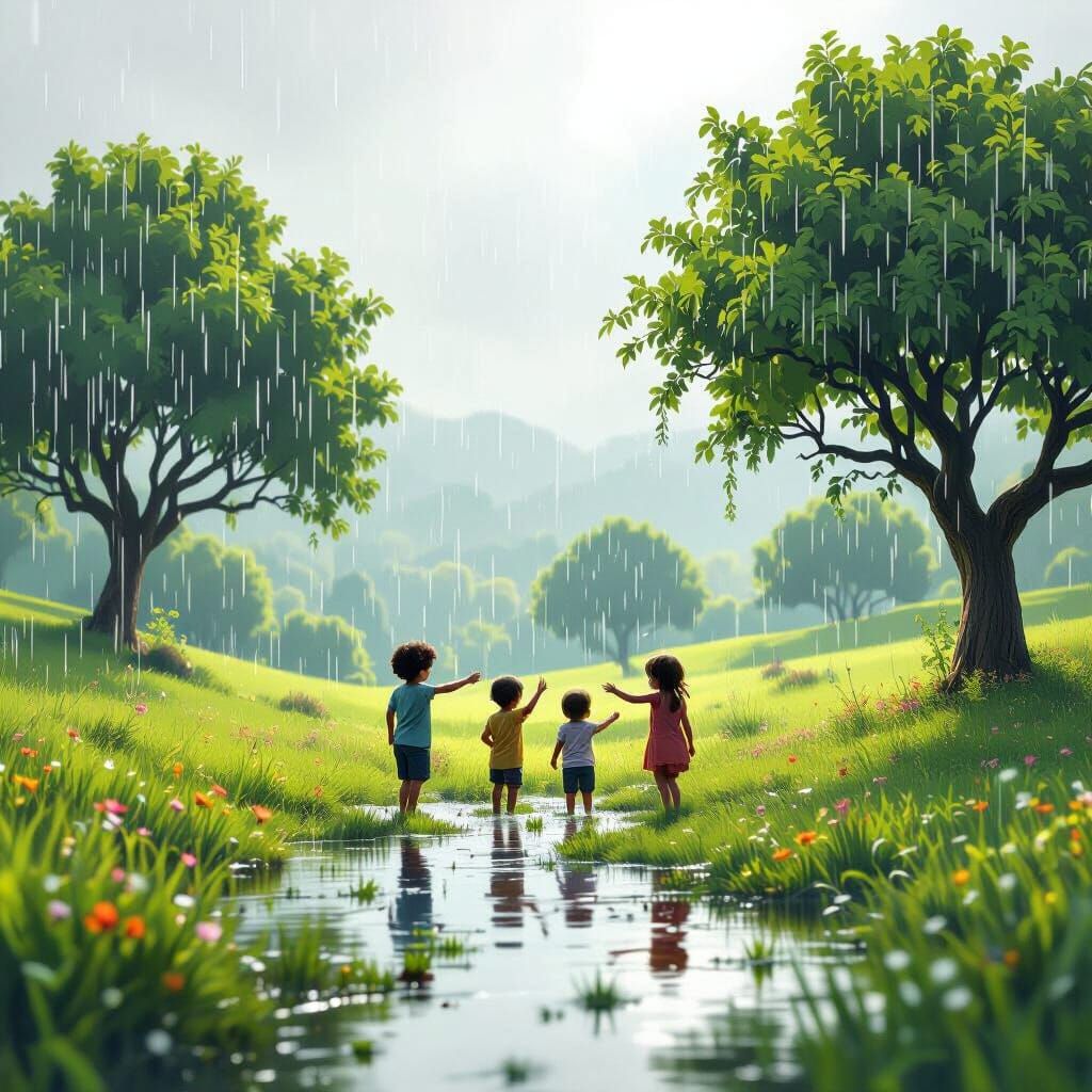 Children Joyfully Playing in Gentle Rain as Trees Grow