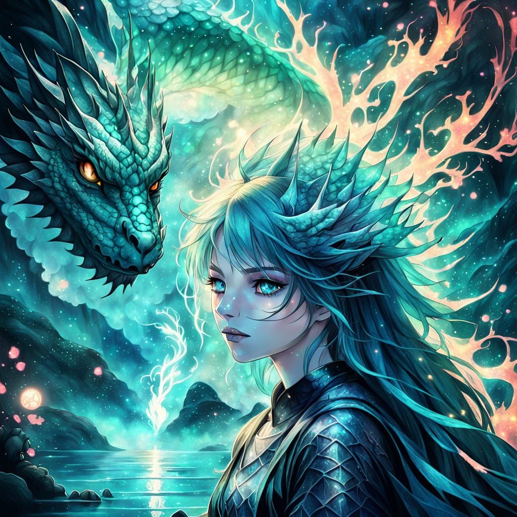 Anime Girl and Water Dragon Soul in Digital Painting