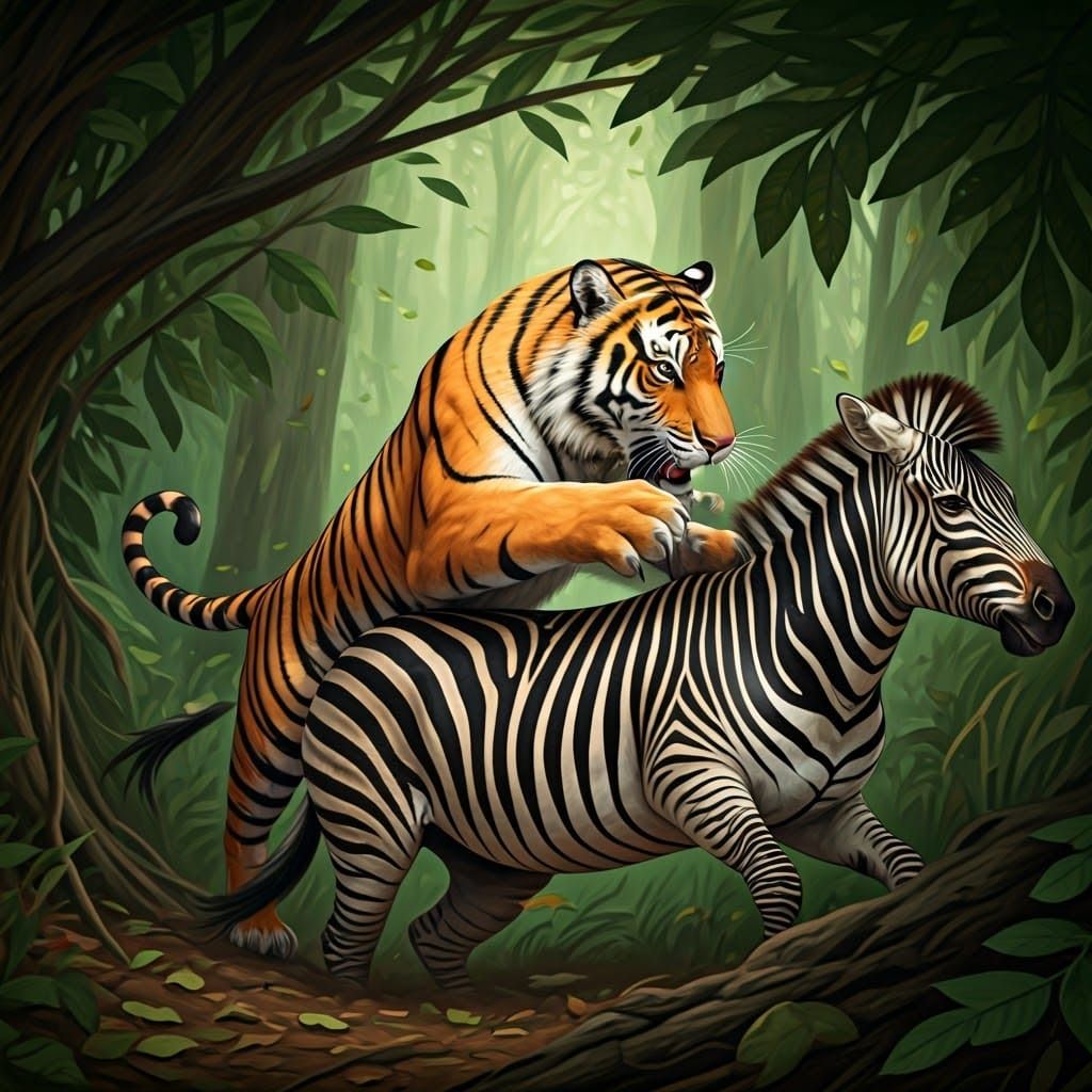 A tiger attacks a zebra that has strayed into the trees.