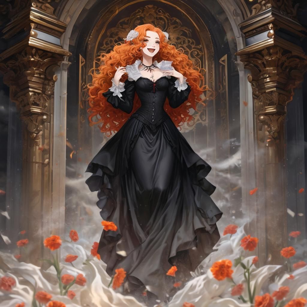 Anime Vampiress with Orange Hair Above Coffin