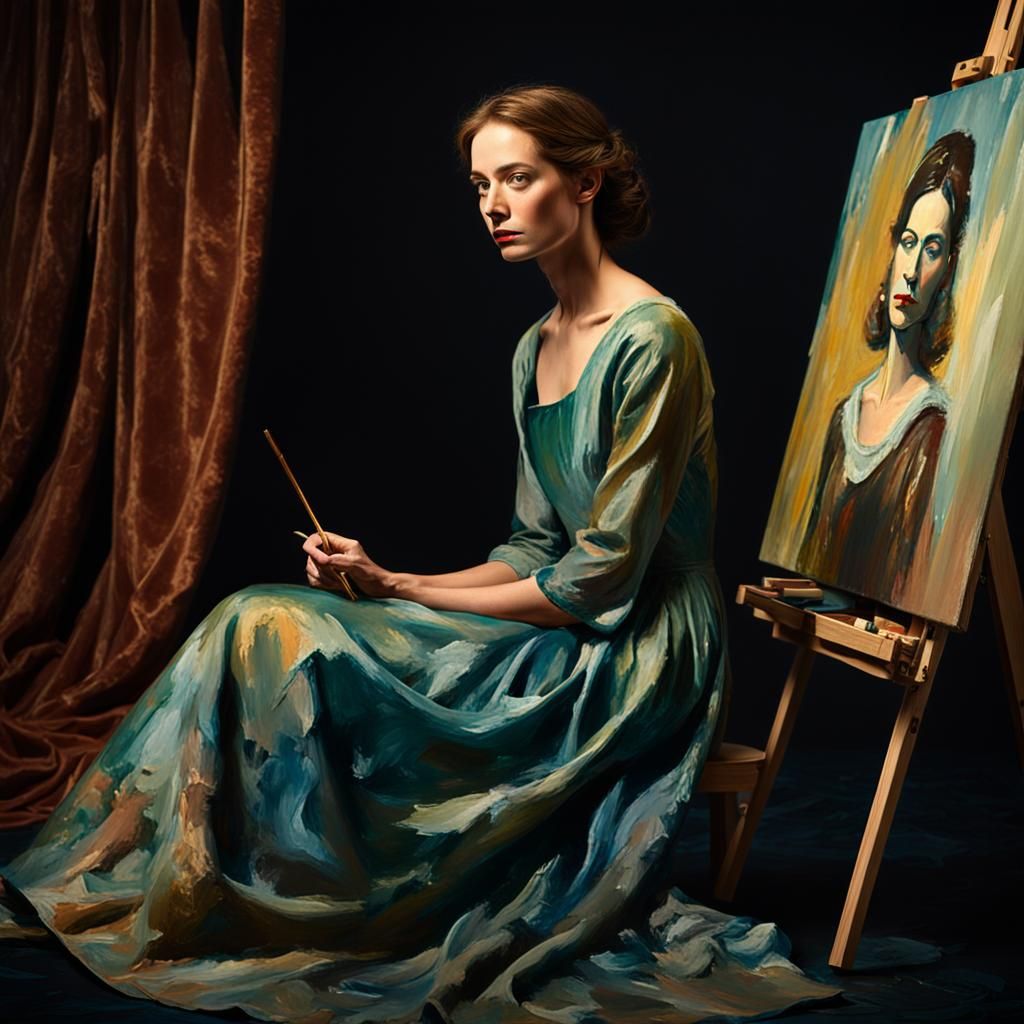 A woman is sitting for a posing session, the painter is pain...