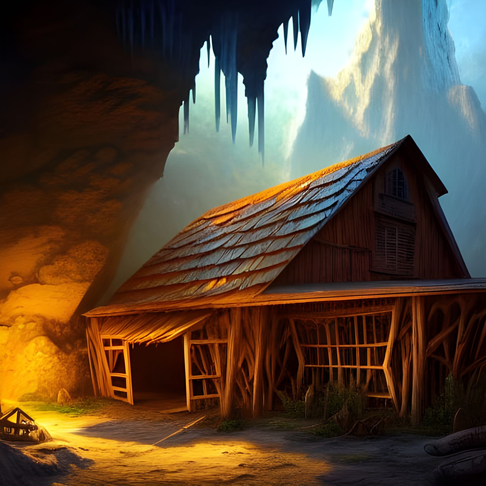Wooden Shack in Stalactite Cave: Fantasy Concept Art