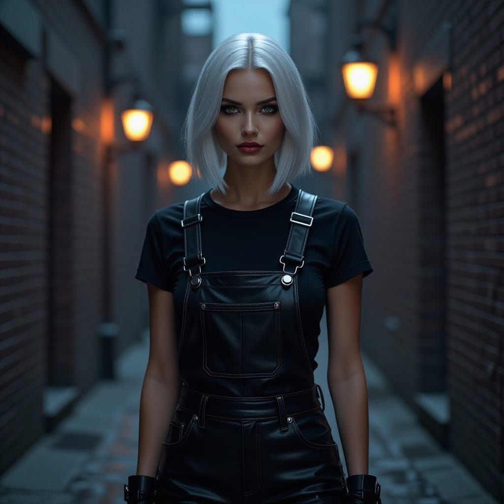 Dark Elf Woman in Leather Overalls in Shadowy Alley