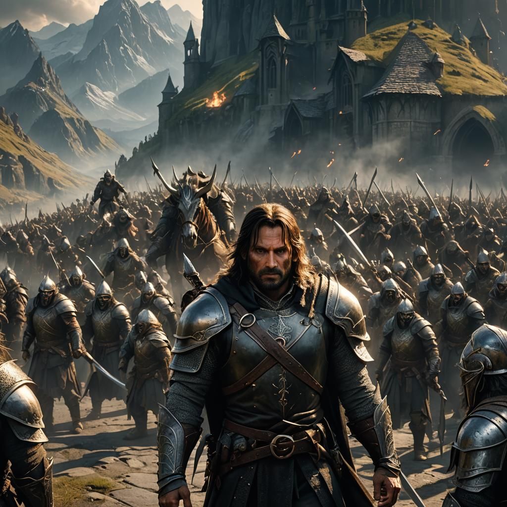 Aragorn Battles Orcs in Dark Medieval Scene