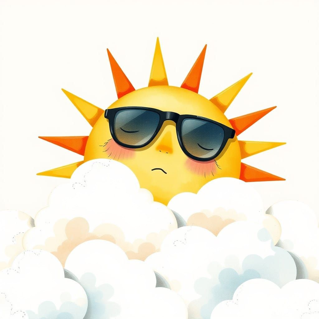 Serene Sun Slumbers Behind Clouds in Whimsical Storybook Sty...