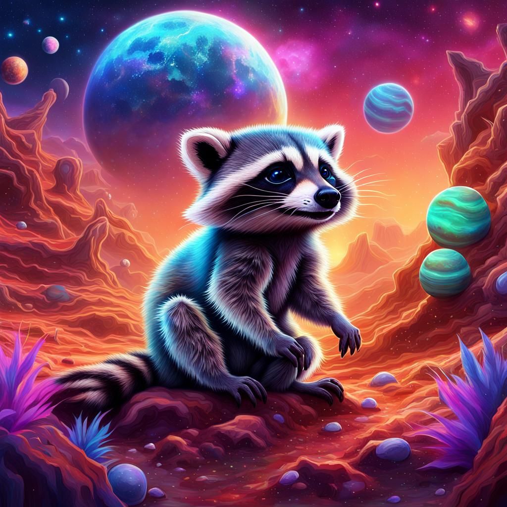 Baby Raccoon's Cosmic Adventure: Astral Illustration