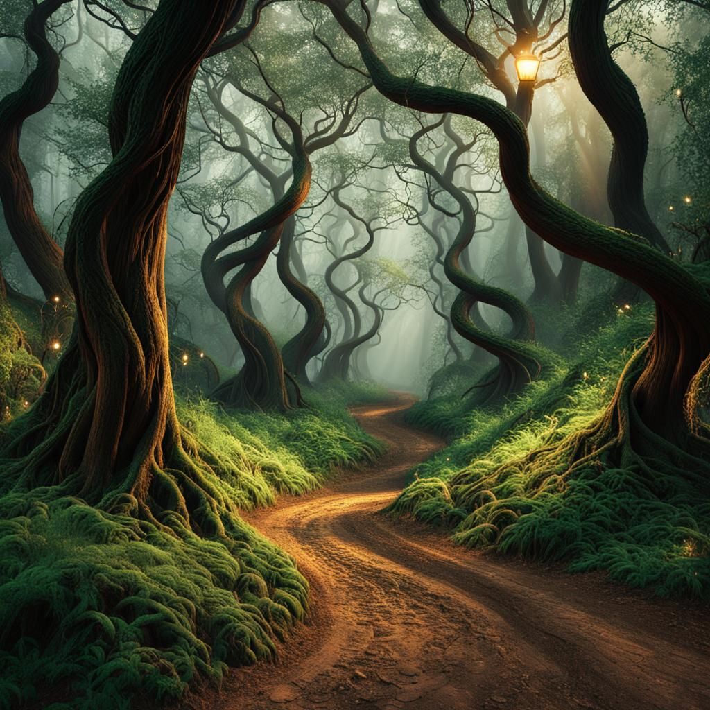 Eerie Fairytale Forest Landscape in Golden Light