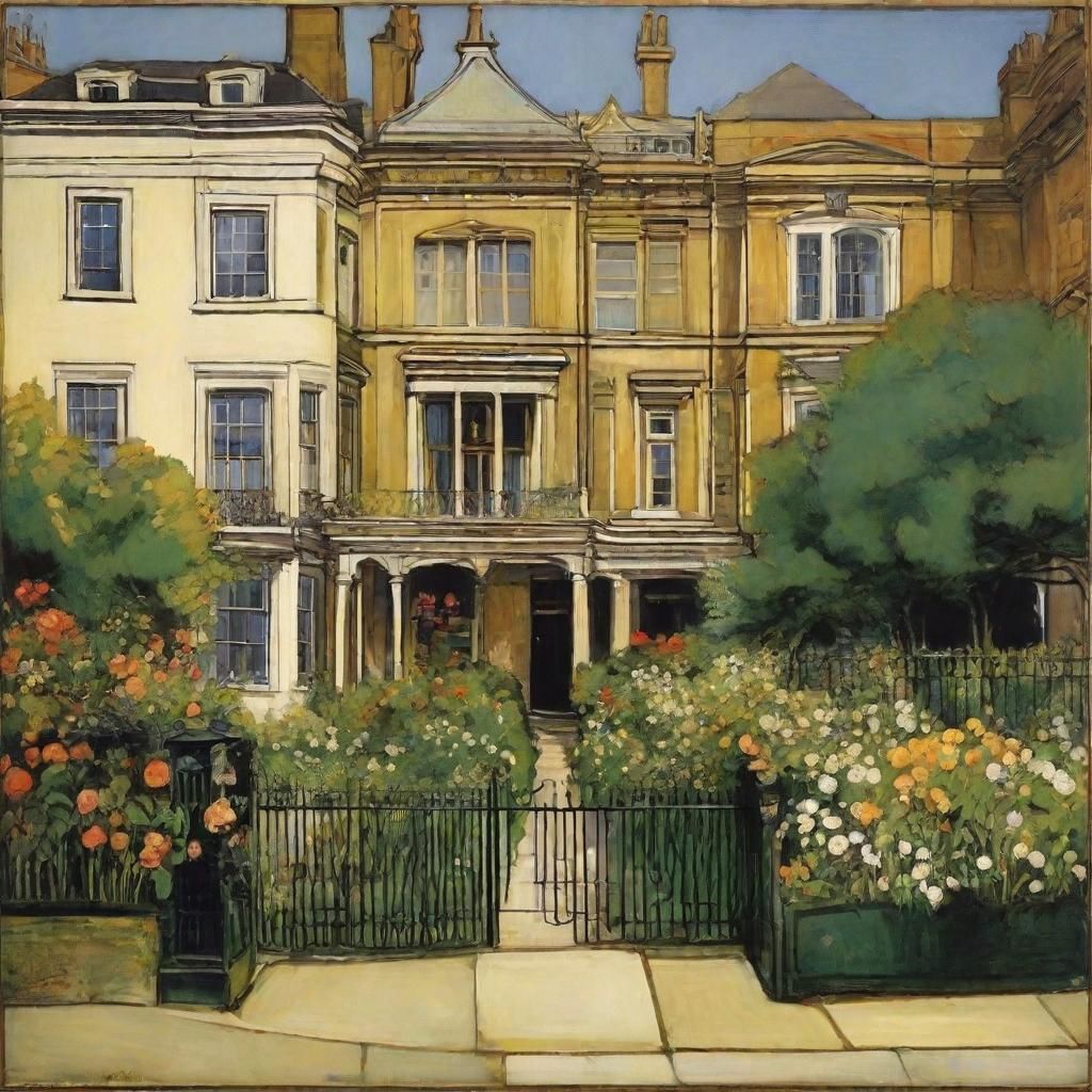 London Houses by Lake in Stained Glass Style