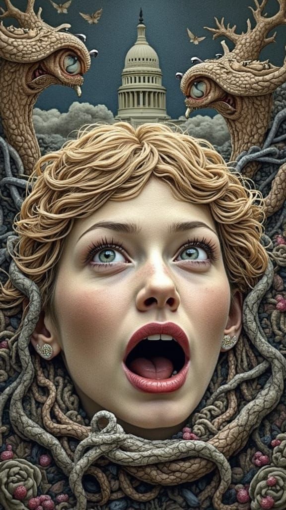 Woman Alone in Intricate Landscape, Cinematic Depth