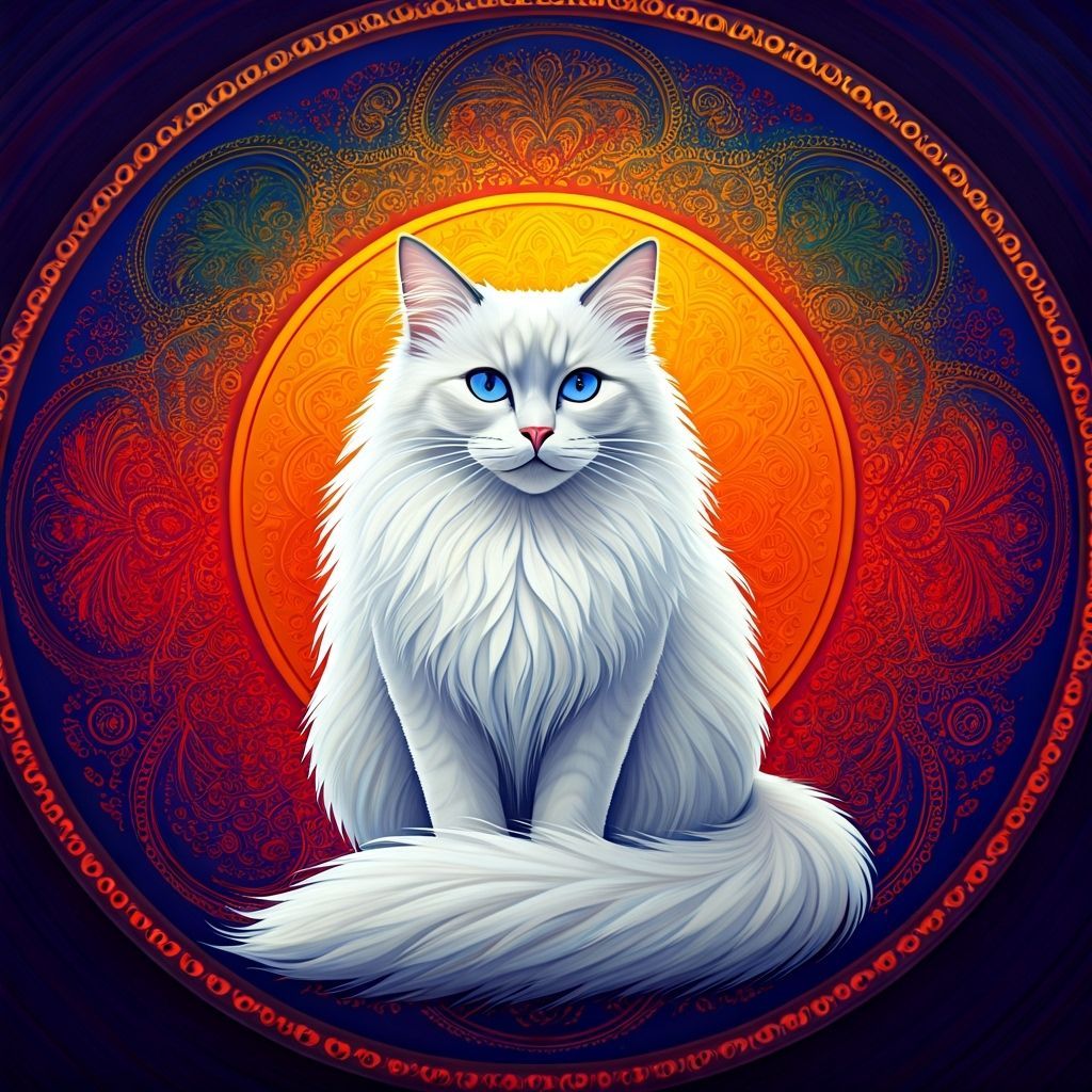 Cat in Mandala: 2D Flat Folk Art Illustration