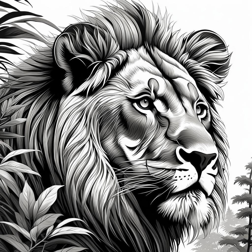 Lion in Forest: Black and White Line Art Illustration
