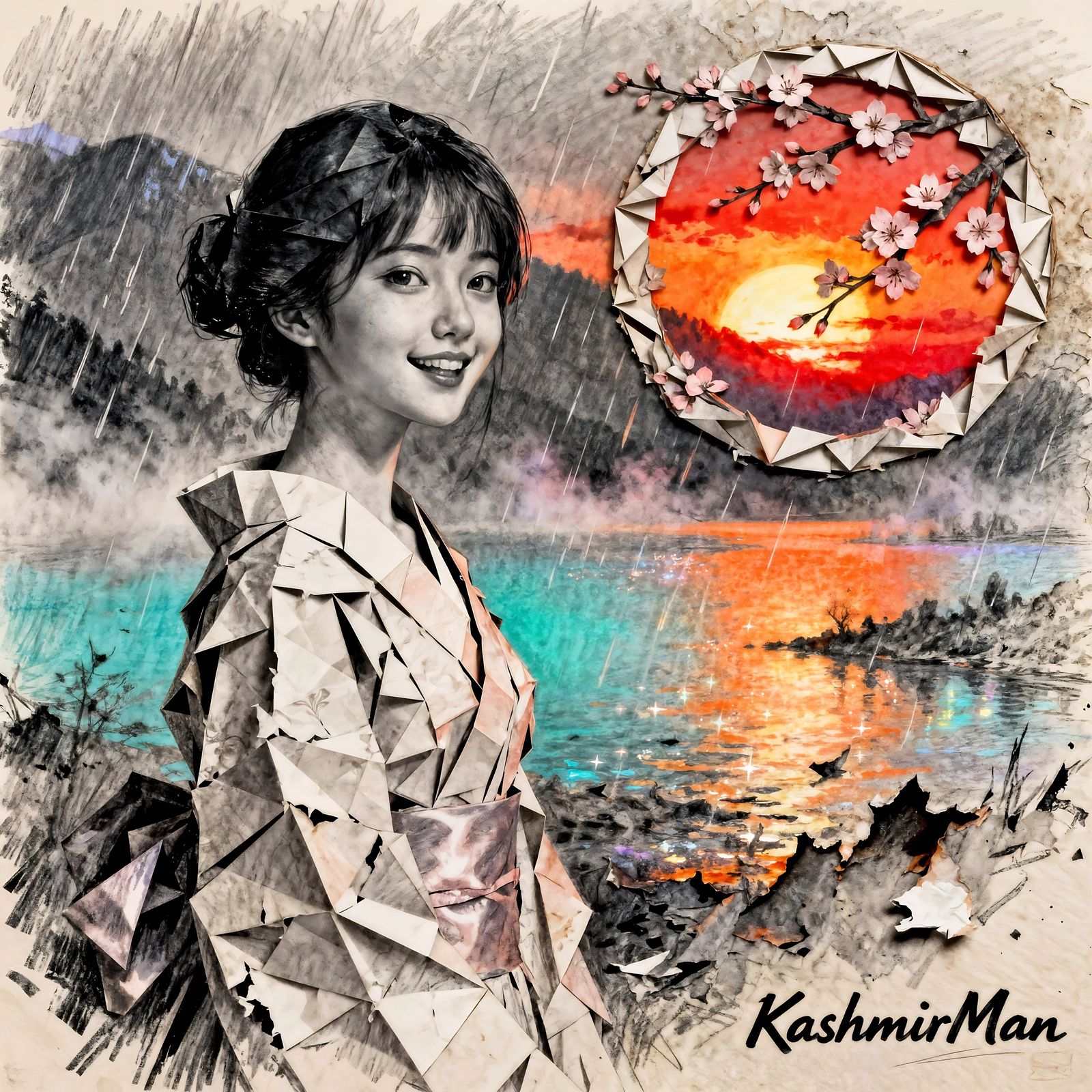 Origami Lady Portrait at Sunset