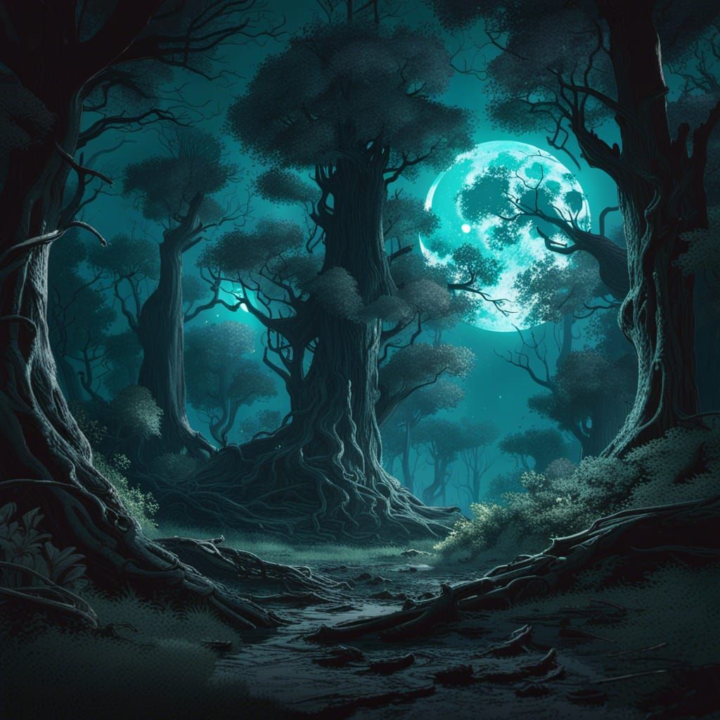 Night Forest with Teal Sky, Dark Fantasy Art