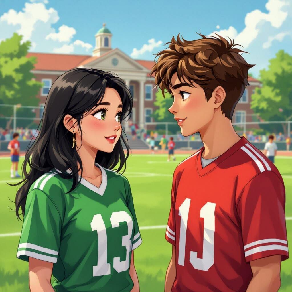 Vibrant School Sports Field Conversation, Whimsical Art Styl...