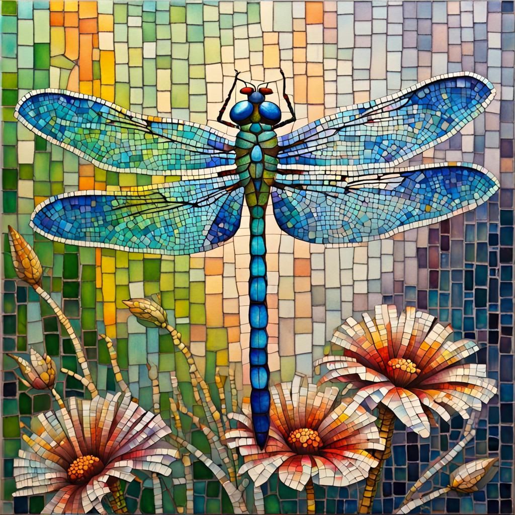 Dragonfly on Flower in Glass Mosaic with Watercolor