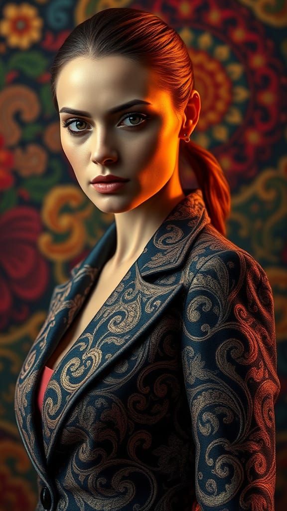 Woman in Embroidered Blazer with Mysterious Gaze