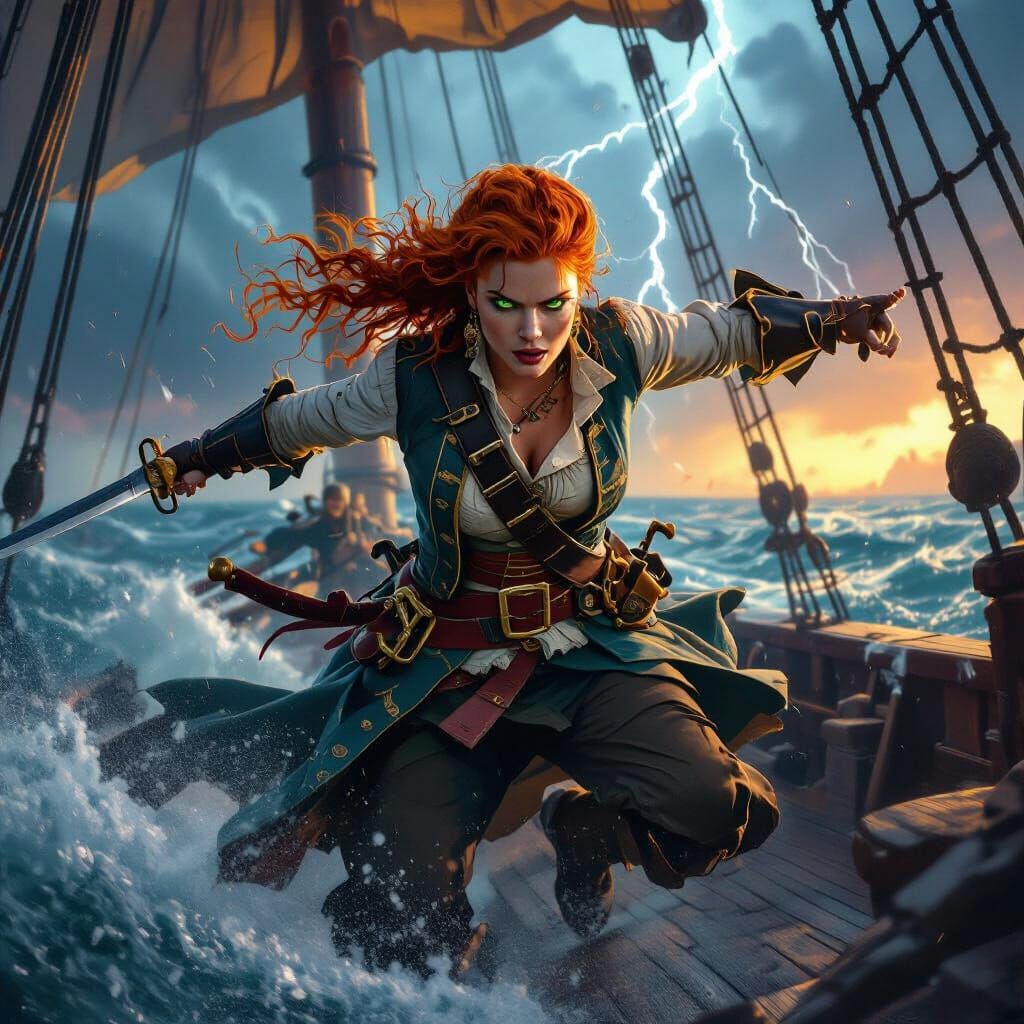 Daring Pirate Captain Battles Storm in Cinematic Film Still