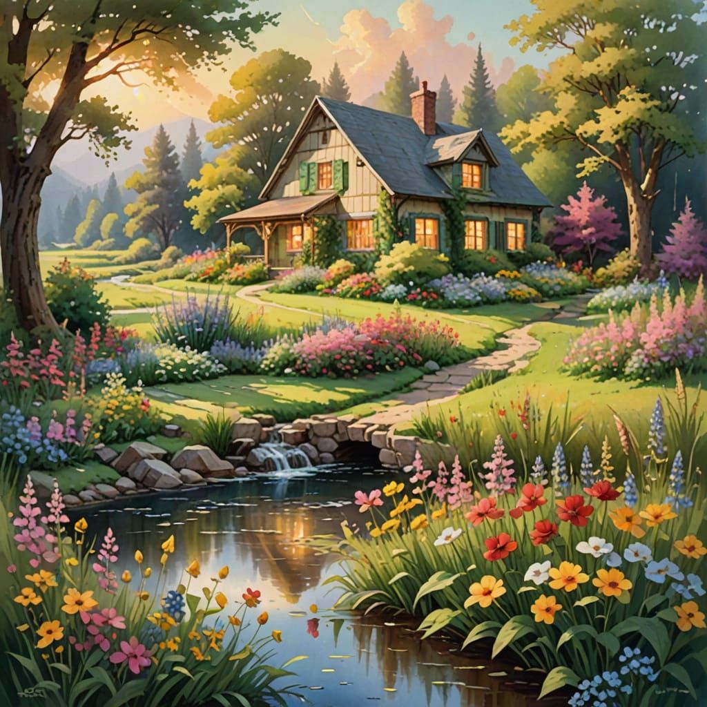 Idyllic Watercolor Landscape with Cozy Cottage and Blooming ...