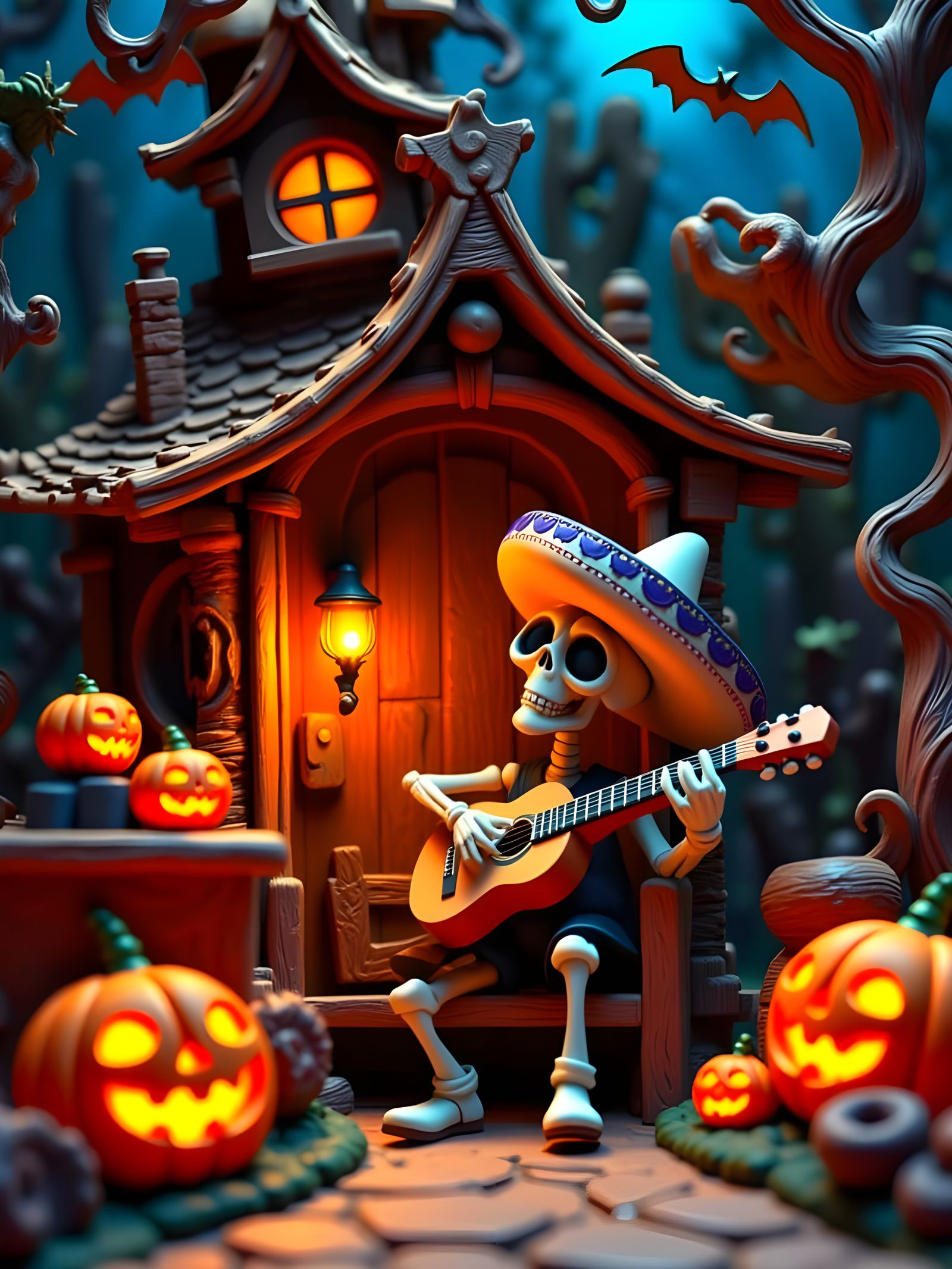 Claymation Skeleton Plays Guitar at Halloween Cottage