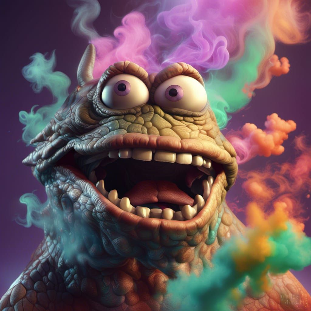 Giant Creature Exhaling Smoke, 90s Animation Style