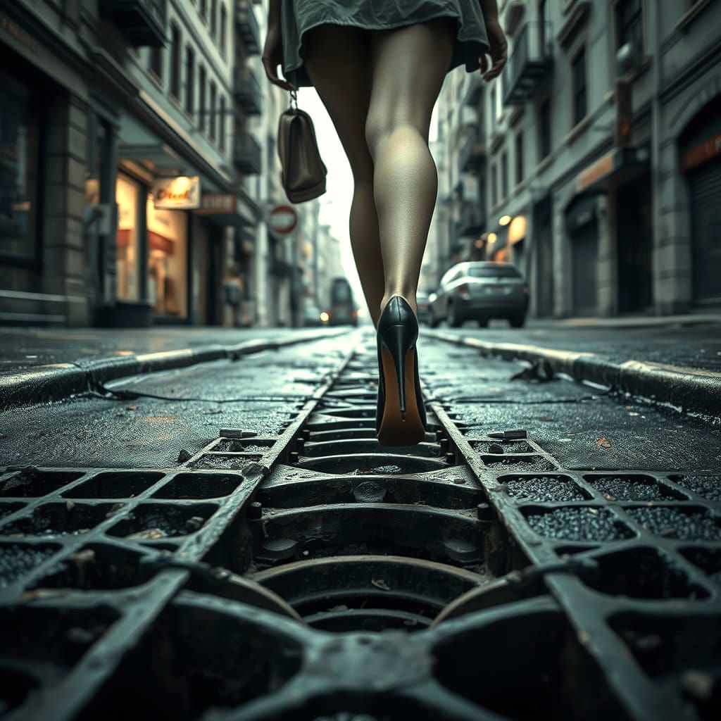 High Heels Navigating Dangerous Street Sewage Grid