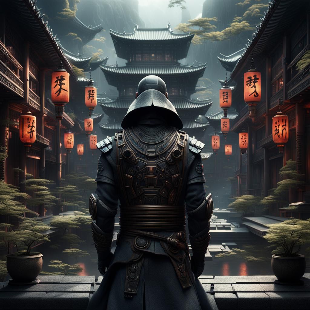 Cyborg Spy in Zen Pose: Digital Matte Painting