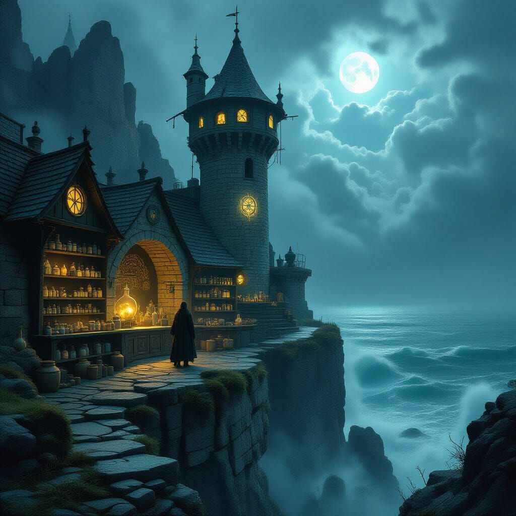 Alchemist's Tower on Stormy Sea Cliff