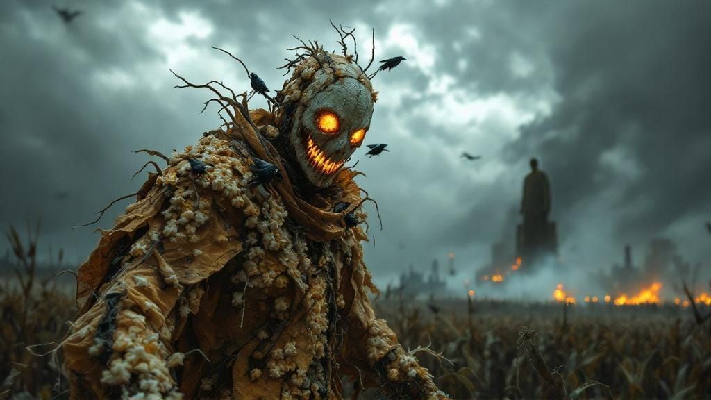 Dystopian Popcorn Scarecrow: A Dark Photographic Vision