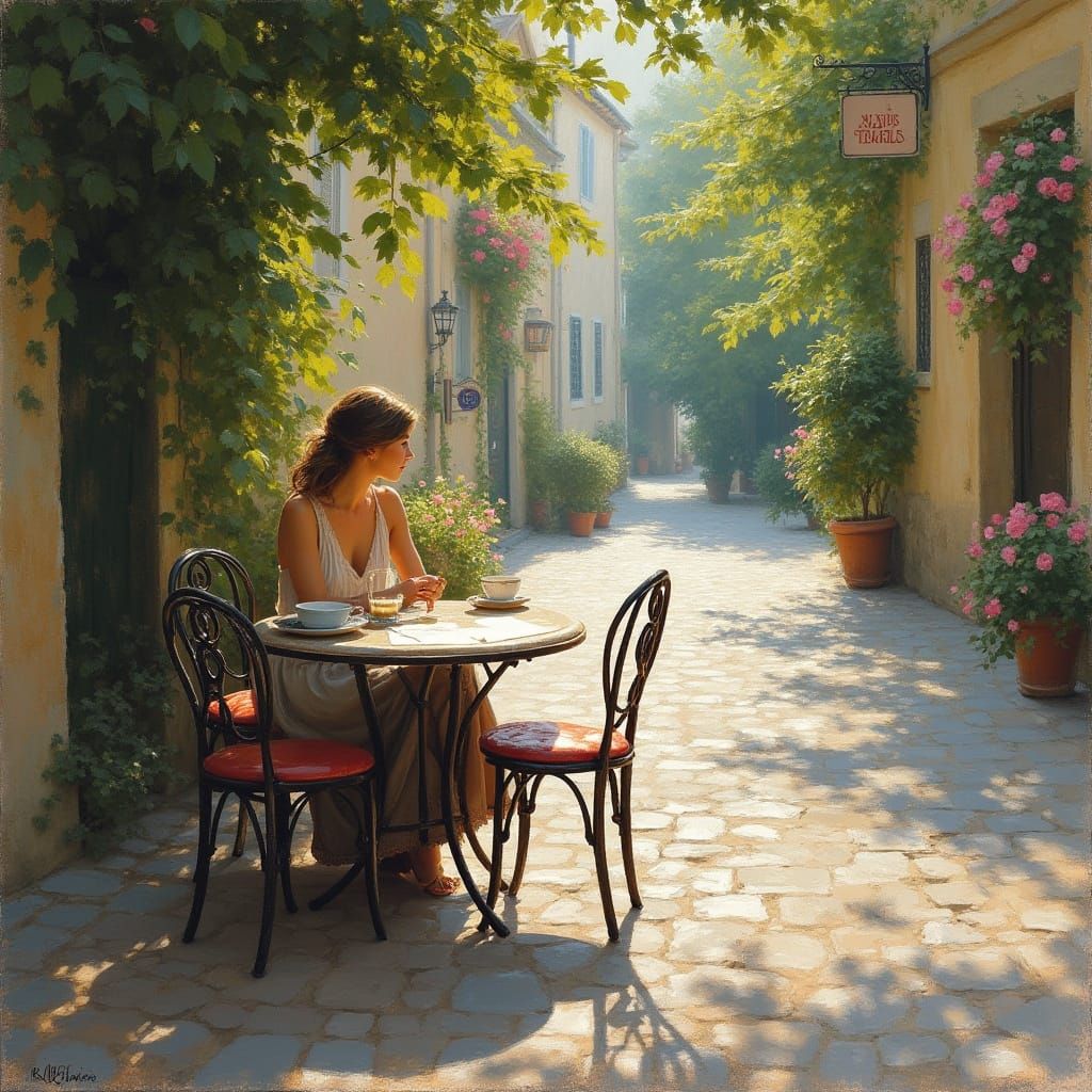 Impressionistic Woman at Bistro Table in Countryside