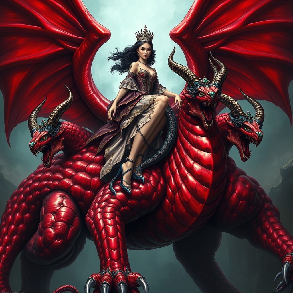 Regal Woman Rides Scarlet Beast with Seven Heads and Ten Hor...