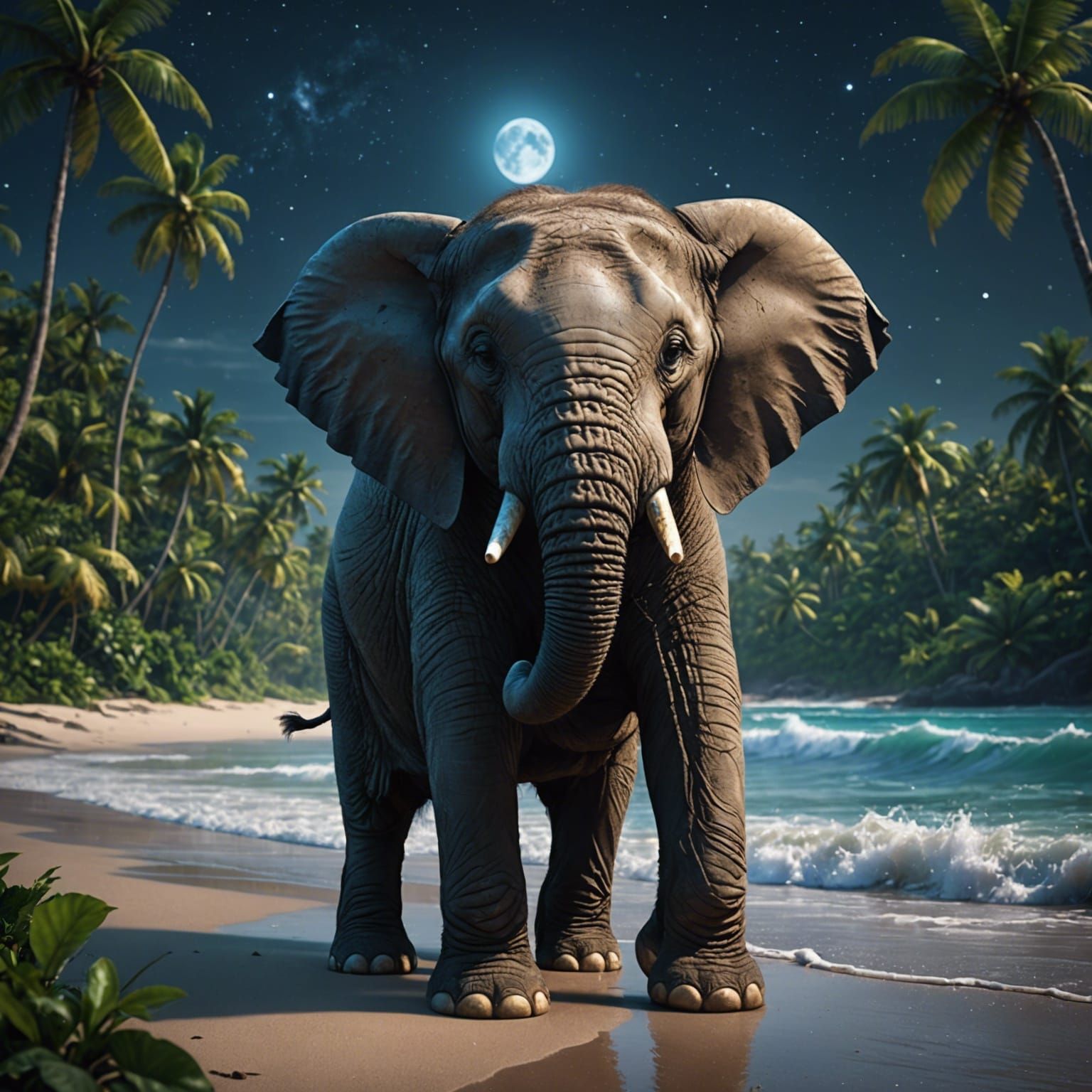 Hyperrealistic Baby Elephant on Jungle Beach