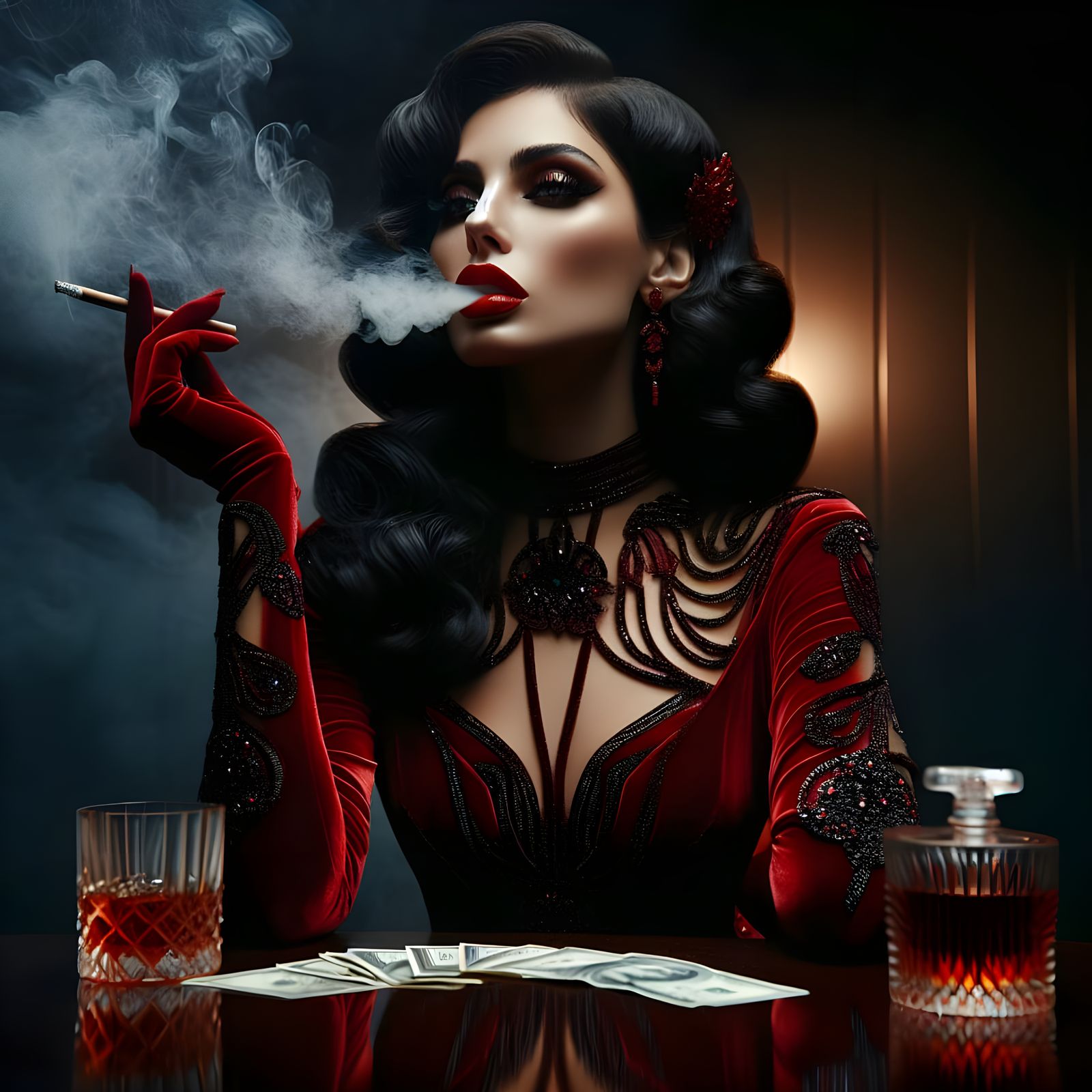 Velvet Goddess in a Smoky Noir Atmosphere