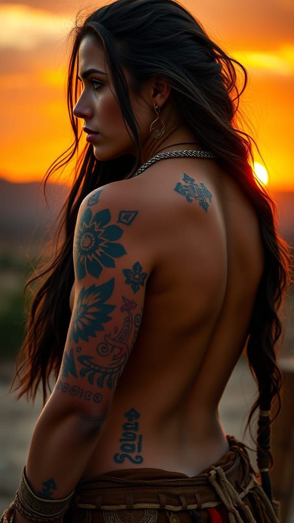 Athletic European Warrior Woman in Sunset Profile, Tribal Ta...