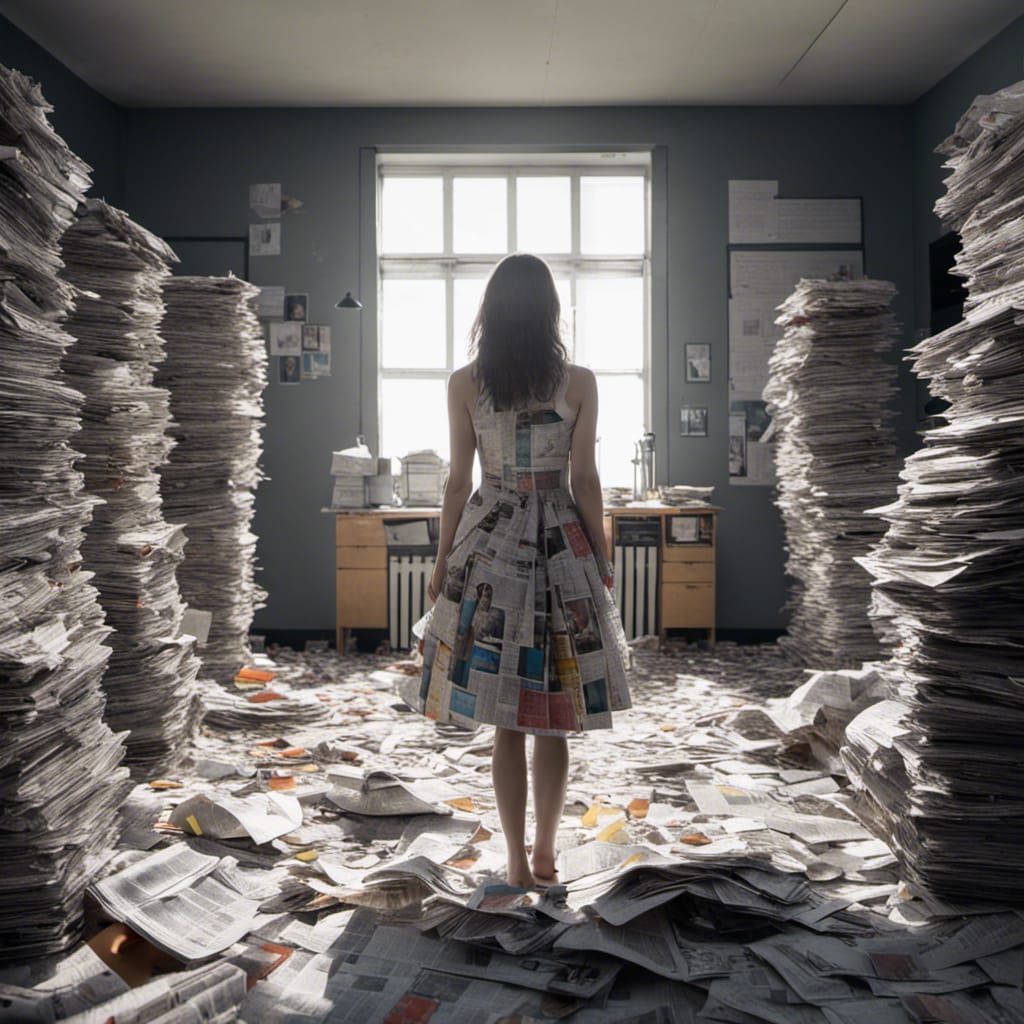 Newspaper Dress in Burning Office, Hyperdetailed Art