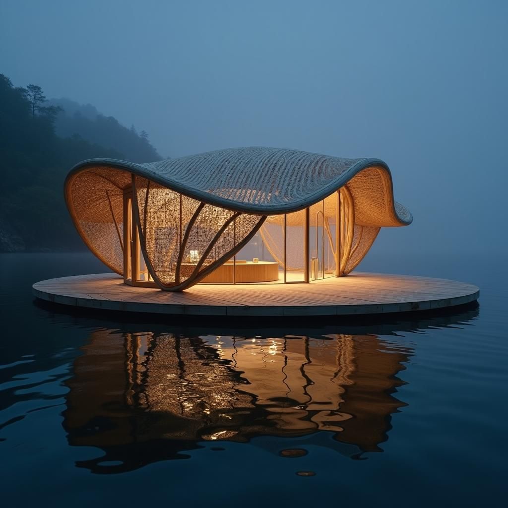 Ethereal Bamboo Pavilion Reflecting on Water at Night